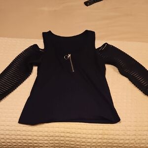 Black Cold Shoulder Sheer Sleeve Women's Top  Large